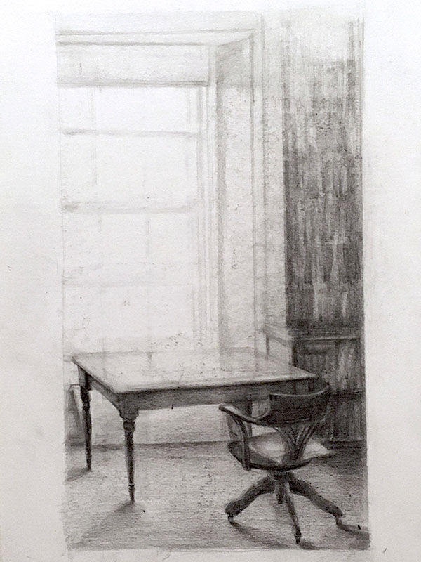 Pencil drawing of a room at the Morrab Library Natural History Room